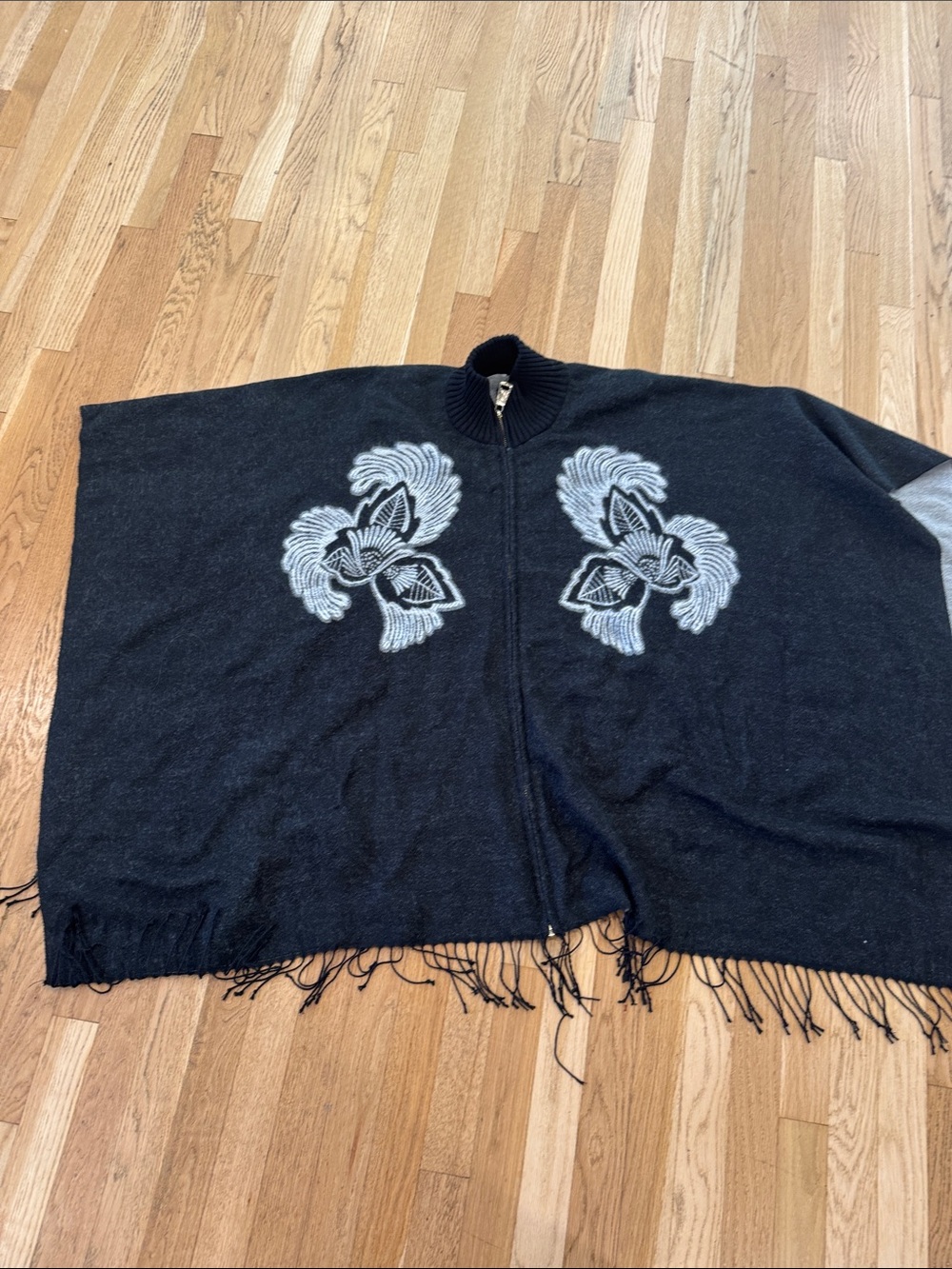 Black Embroidered Zip-Front Women’s Sweater Poncho